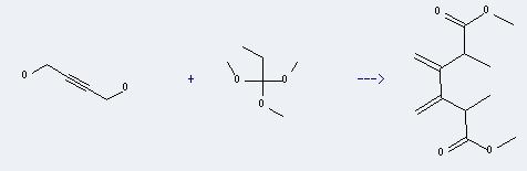 Trimethyl orthopropionate can react with but-2-yne-1,4-diol to produce 2,5-dimethyl-3,4-dimethylene-hexanedioic acid dimethyl ester